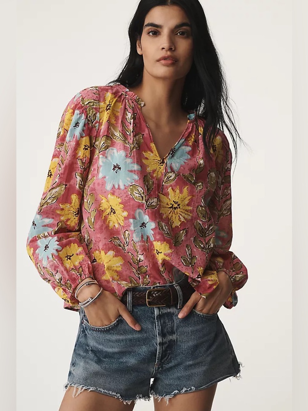 Velvet Graham and Spencer Floral Peasant Blouse in Rose Pink
